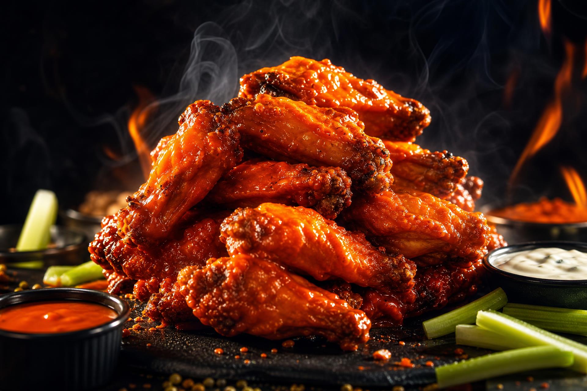 Fresh crispy buffalo wings with fire and smoke