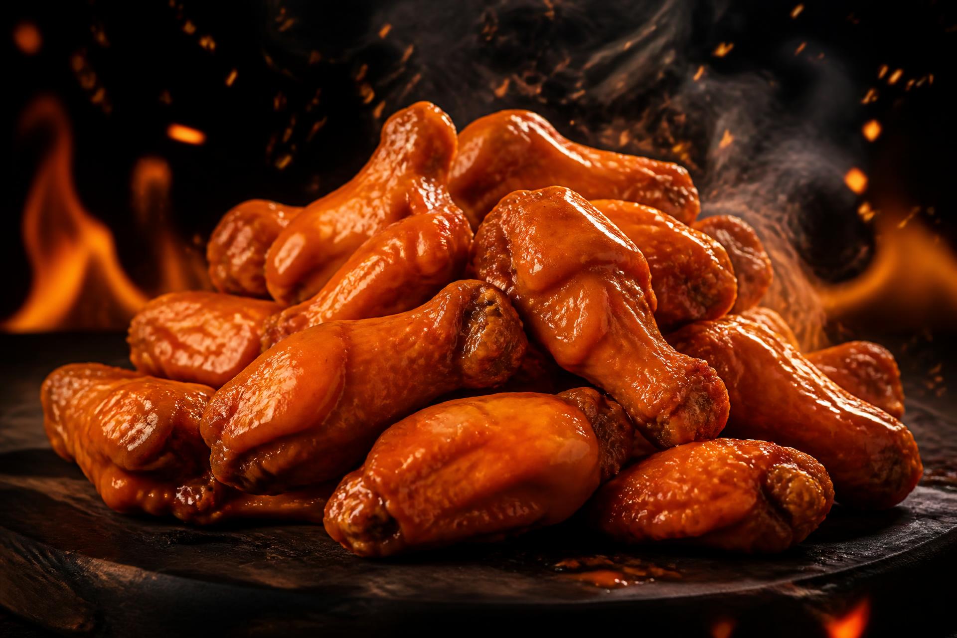 Fresh crispy buffalo wings with fire and smoke